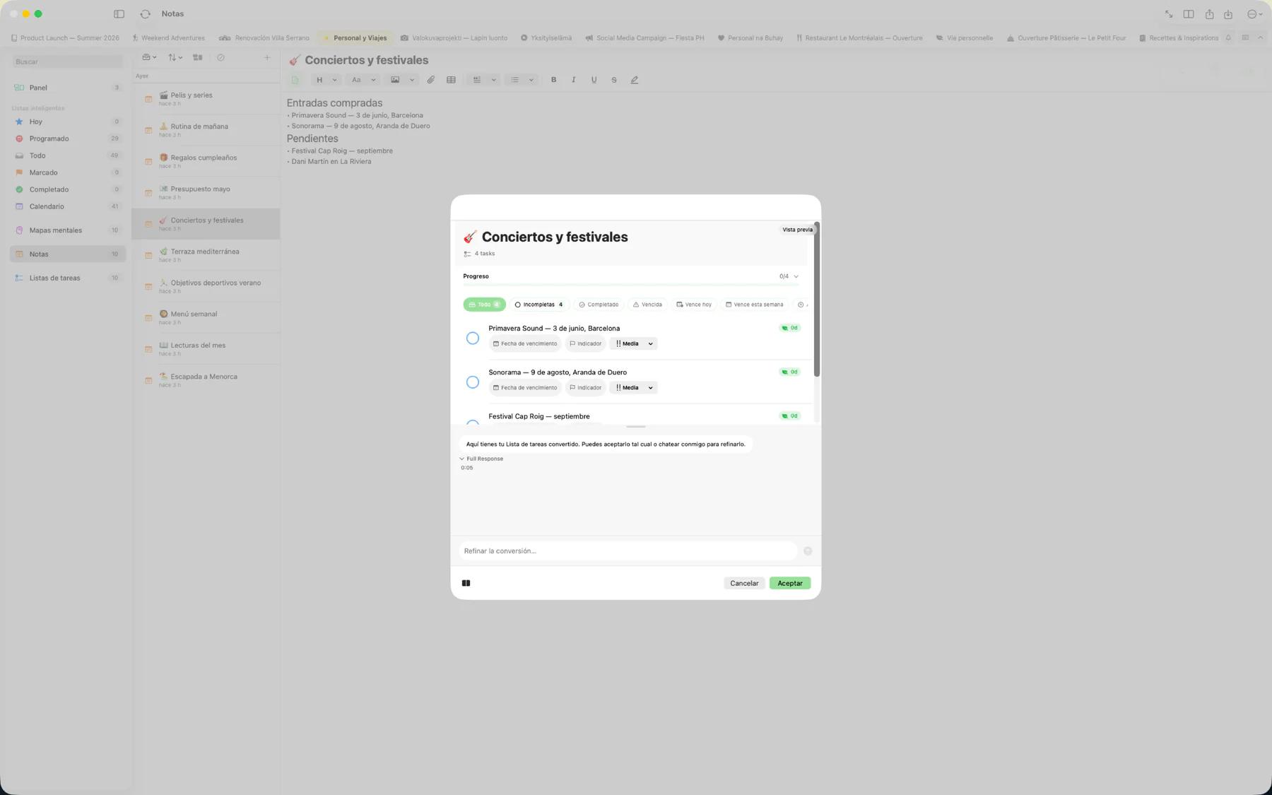Mintofu convirtiendo una nota en una lista de tareas estructurada