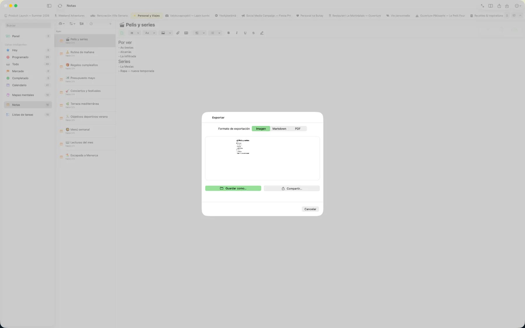 Diálogo de exportación de Mintofu mostrando las opciones de formato PDF, Markdown, imagen e iCalendar