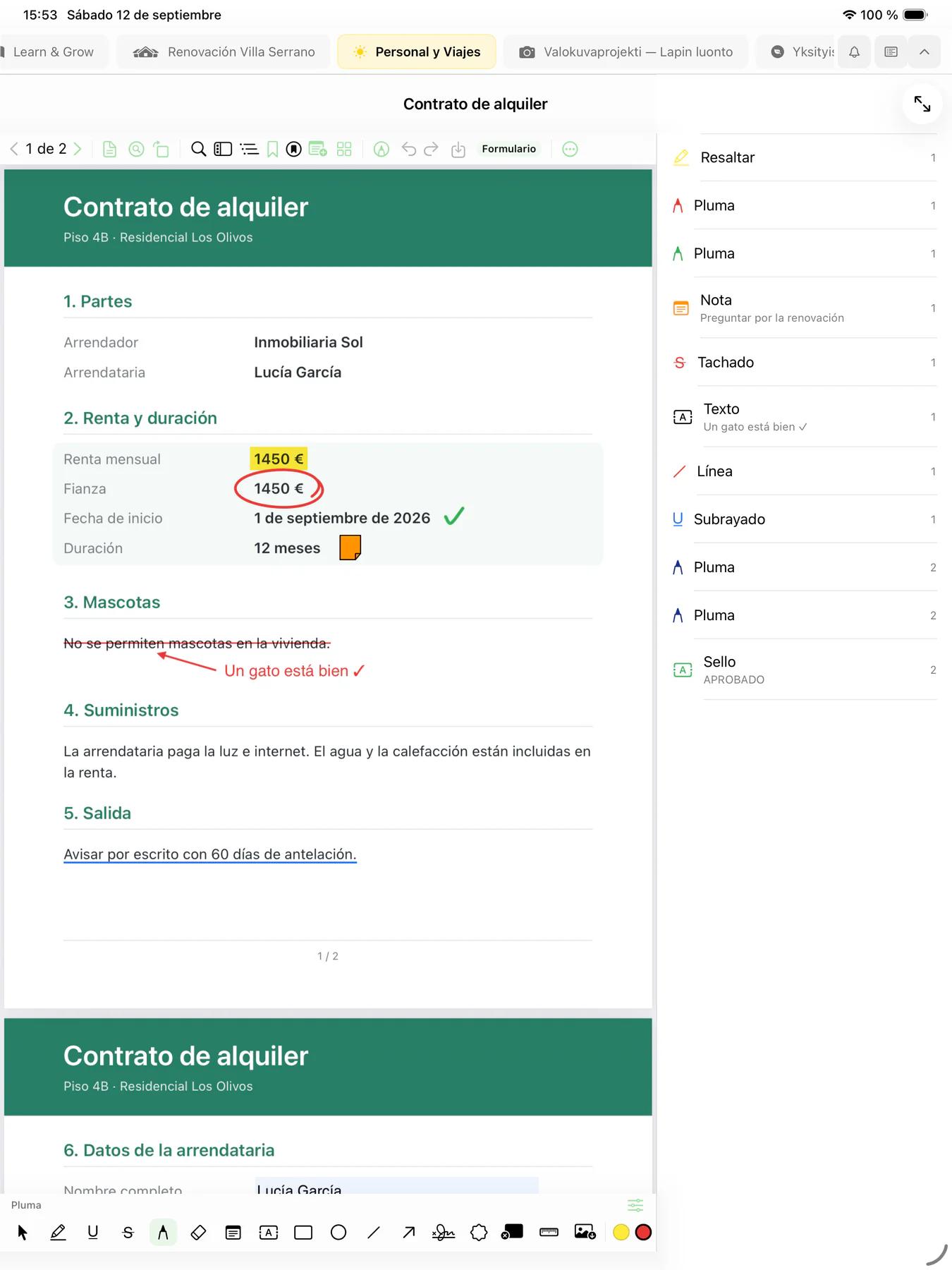 Mintofu en iPad mostrando un PDF de un contrato de alquiler anotado con un resaltado, un importe rodeado con un círculo, un tachado con una nota a mano y una nota adhesiva, con la lista de anotaciones al lado