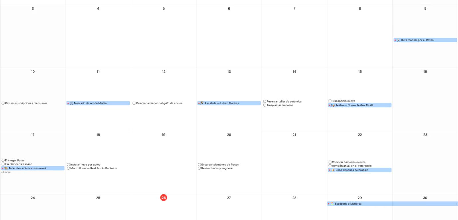 Calendario de Mintofu con vista mensual e indicadores de eventos