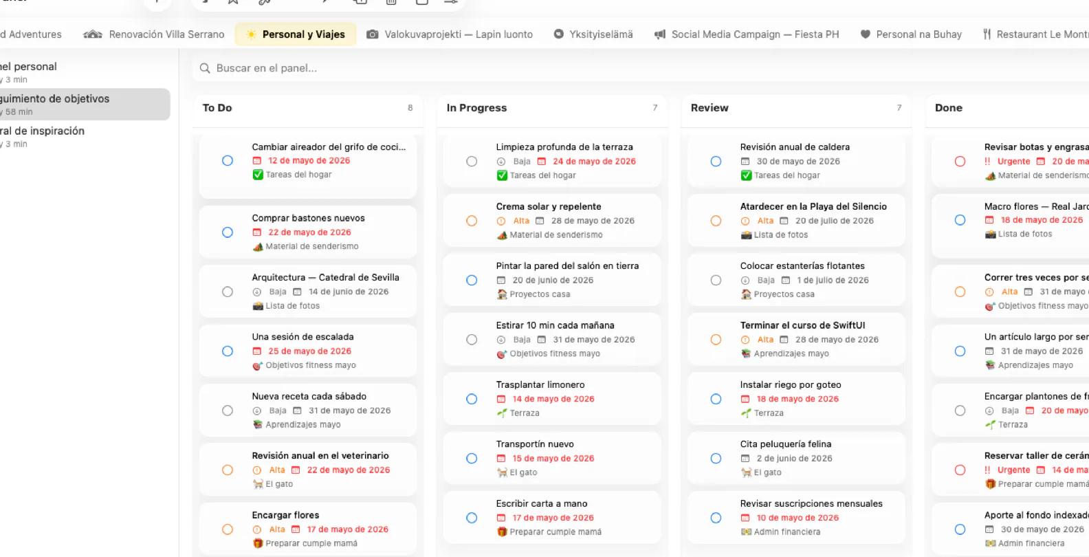 Panel de Mintofu con tablero kanban y widgets