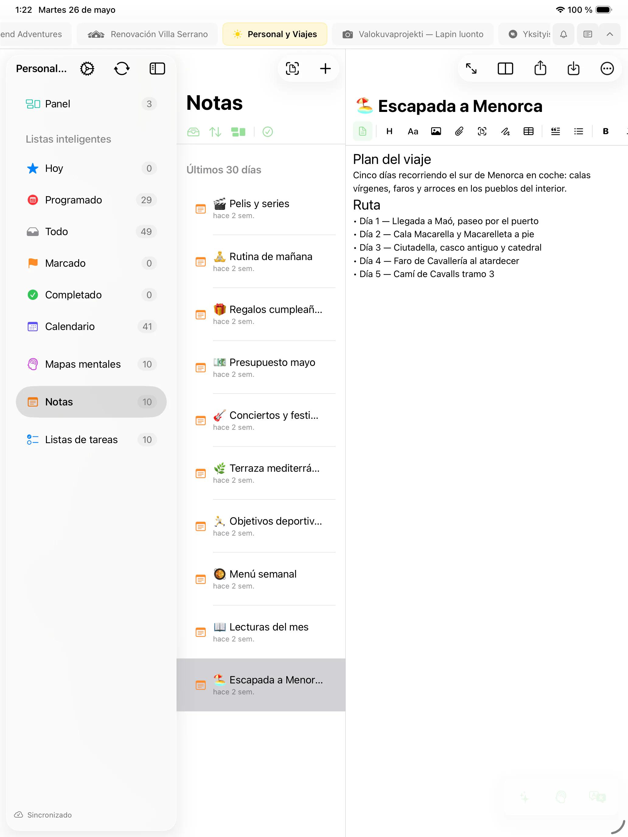 Mintofu funcionando en Mac, iPad y iPhone — mostrando el editor de notas, el lienzo de mapas mentales y la lista de tareas con prioridades