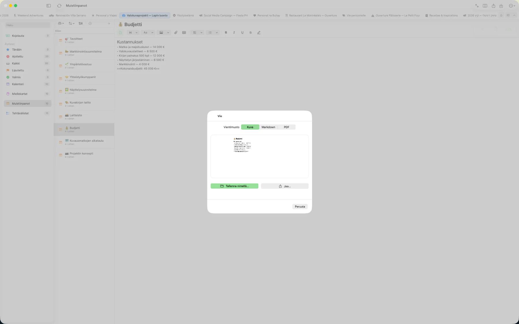 Mintofun vientivalintaikkuna, jossa näkyy PDF-, Markdown-, kuva- ja iCalendar-muotovaihtoehdot