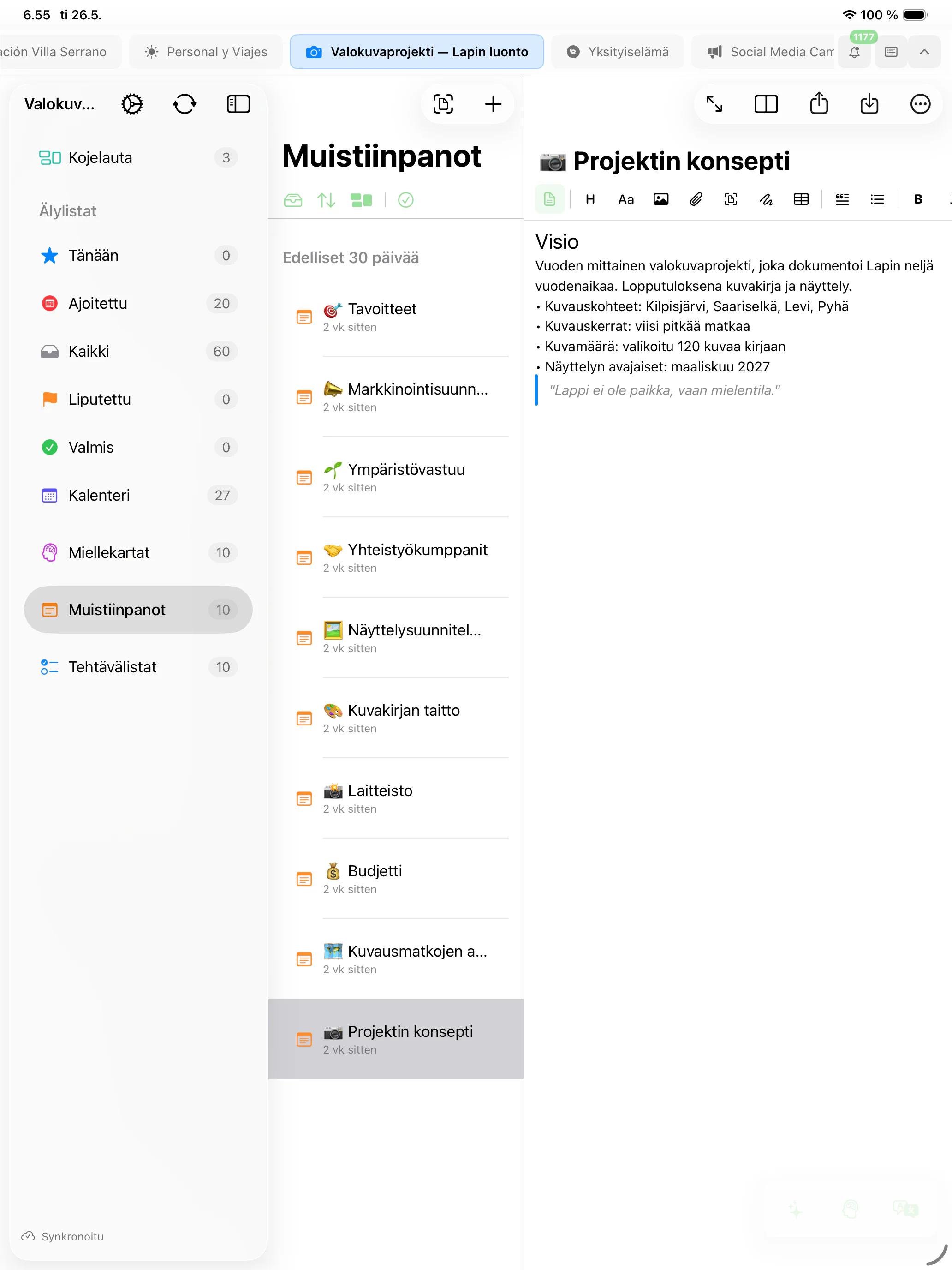 Mintofu Macilla, iPadilla ja iPhonella — näkyvissä muistiinpanoeditori, miellekarttakangas ja prioriteeteilla varustettu tehtävälista