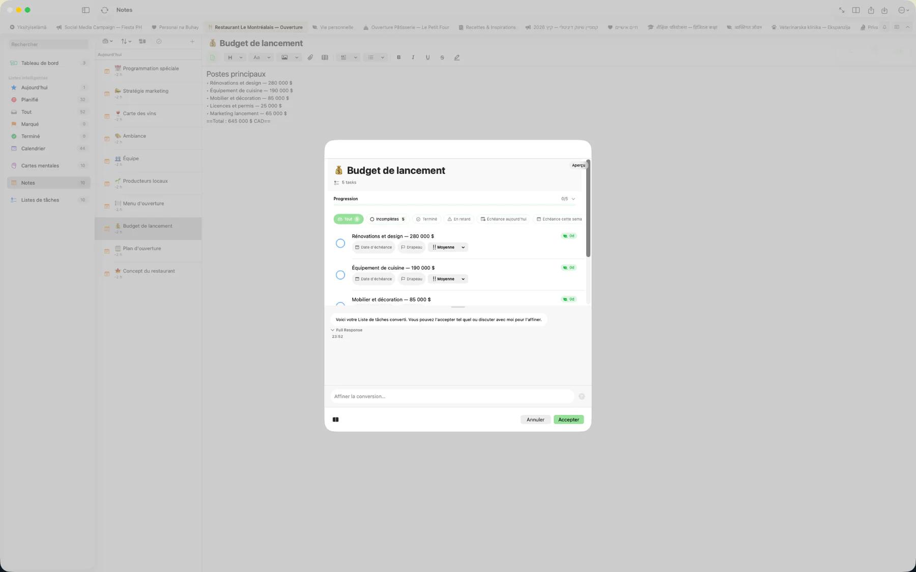 Mintofu convertissant une note en liste de tâches structurée