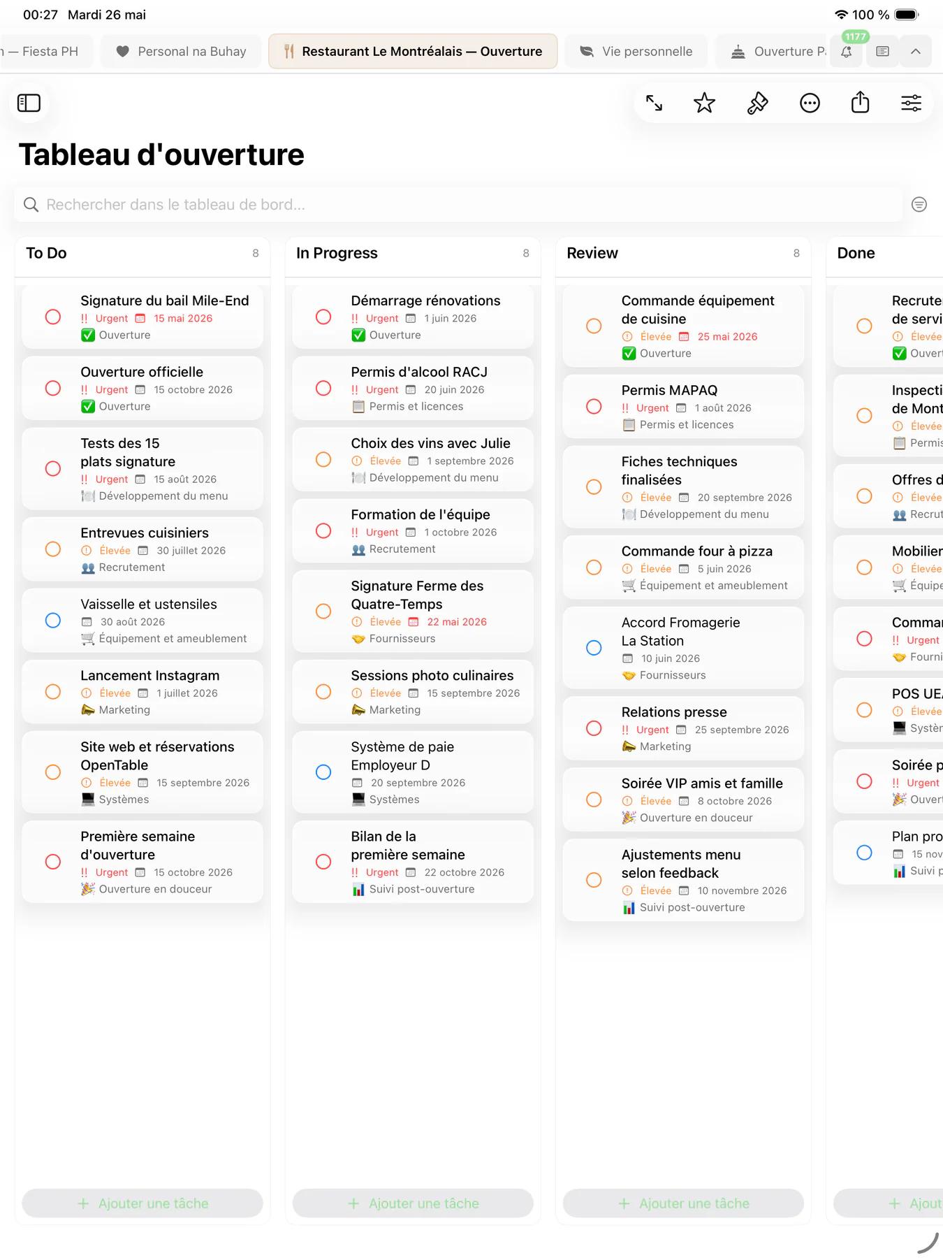 Tableau kanban Mintofu avec cartes de tâches organisées en colonnes de flux de travail
