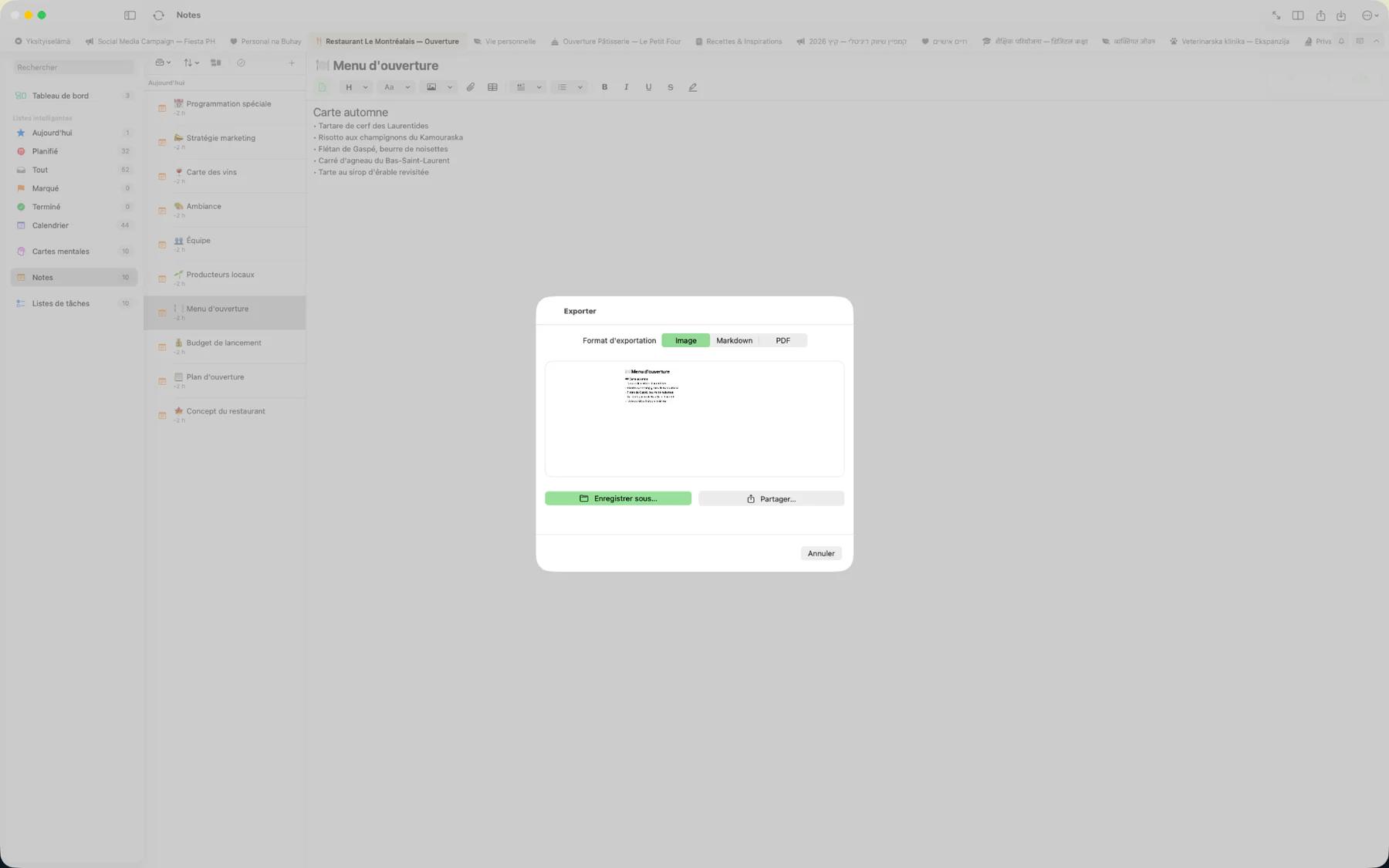 Boîte de dialogue d'export Mintofu affichant les options de format PDF, Markdown, image et iCalendar