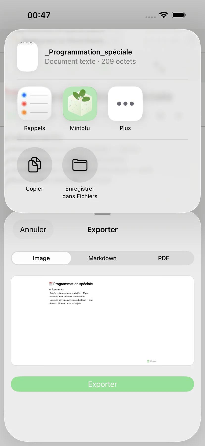 Feuille de partage Mintofu avec options de partage AirDrop, e-mail et Messages