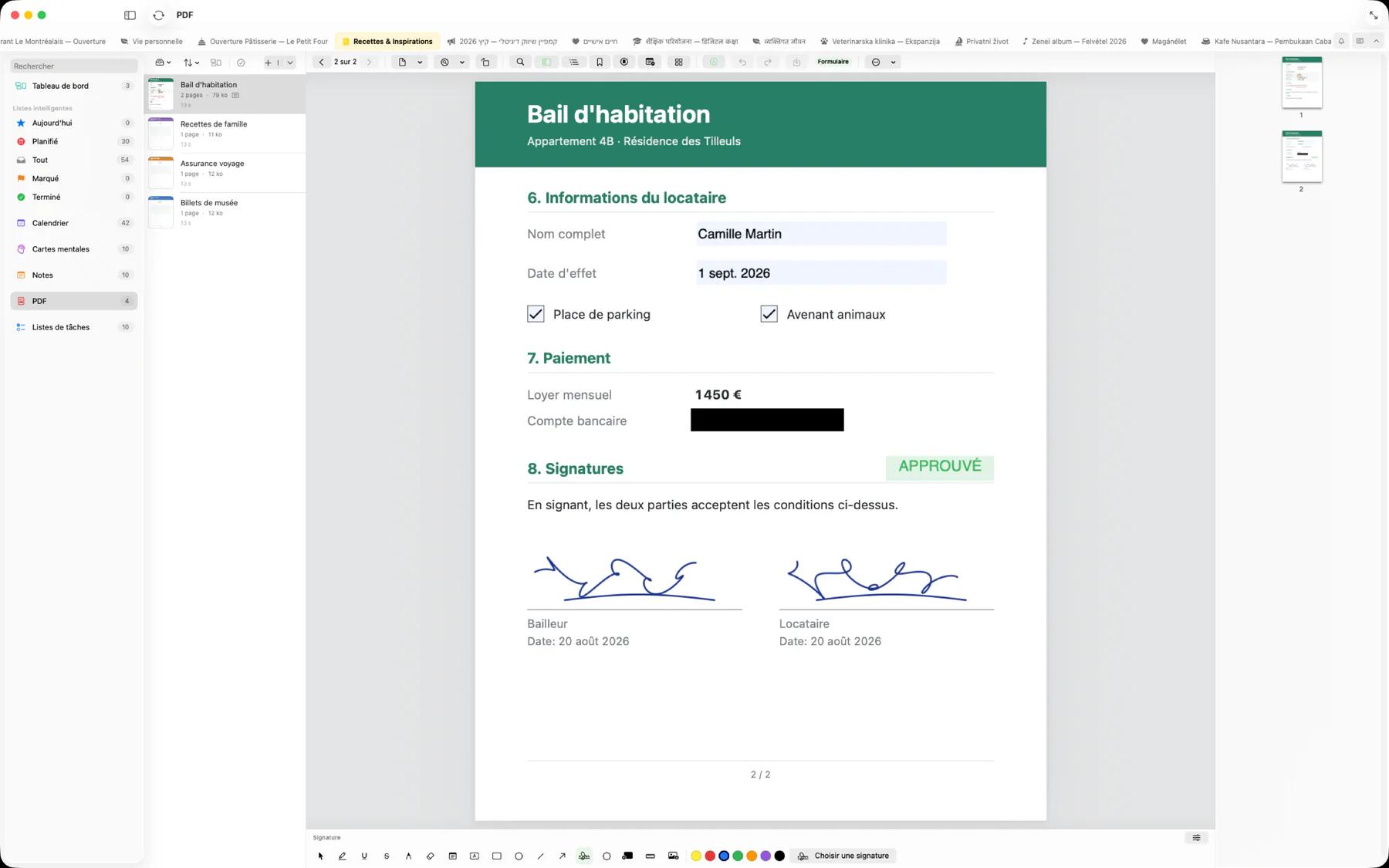 Mintofu sur Mac affichant un formulaire PDF rempli avec des cases cochées, un compte bancaire caviardé, un tampon Approuvé et deux signatures