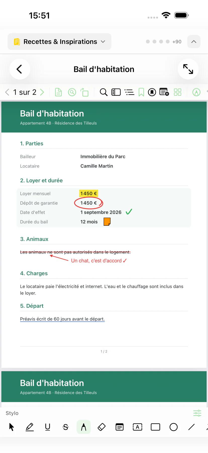 Mintofu sur iPhone affichant un PDF annoté avec la barre d'outils d'annotation