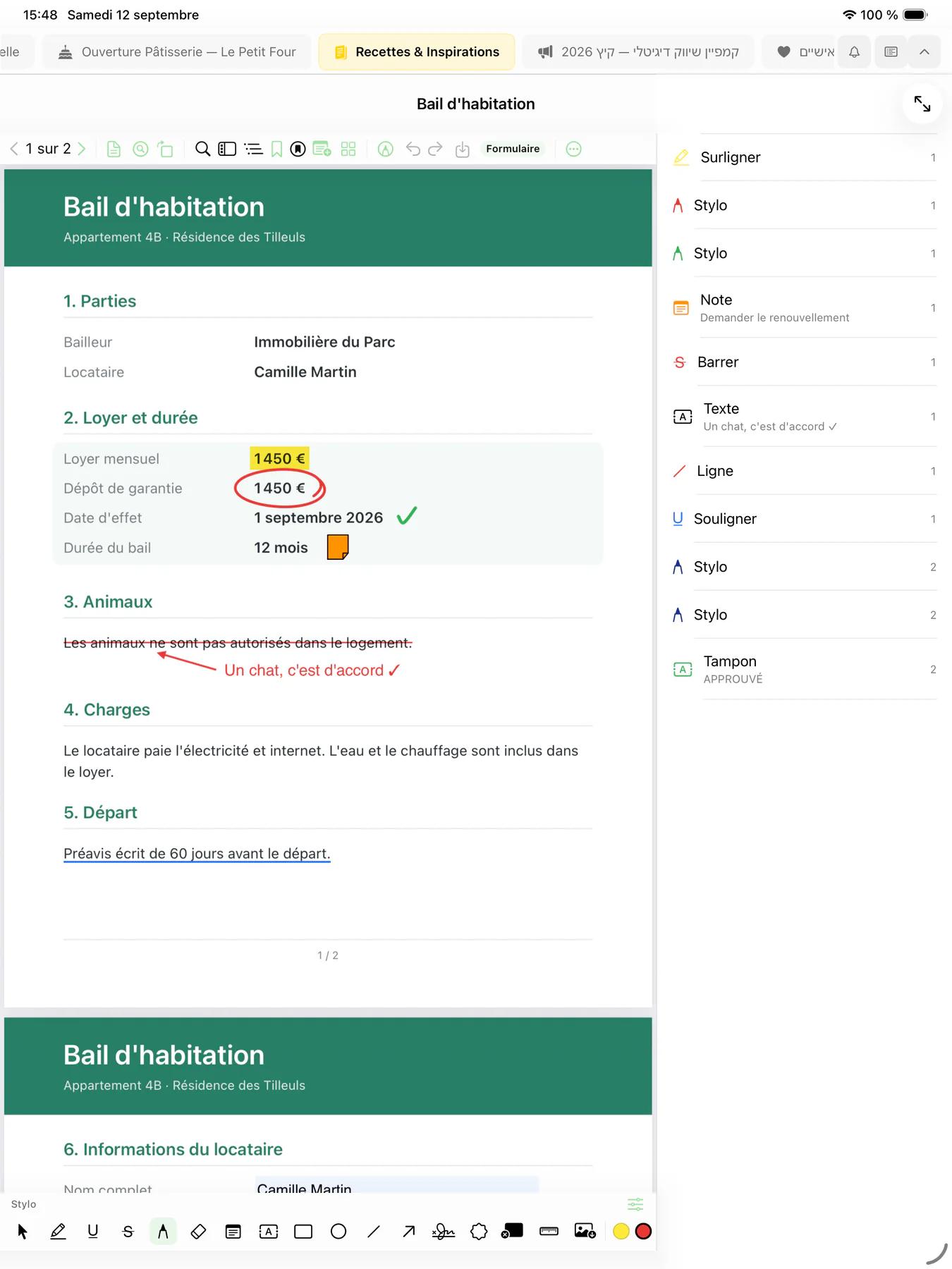 Mintofu sur iPad affichant un bail en PDF annoté avec un surlignage, un montant entouré, un passage barré accompagné d'une note manuscrite et une note adhésive, avec la liste des annotations à côté