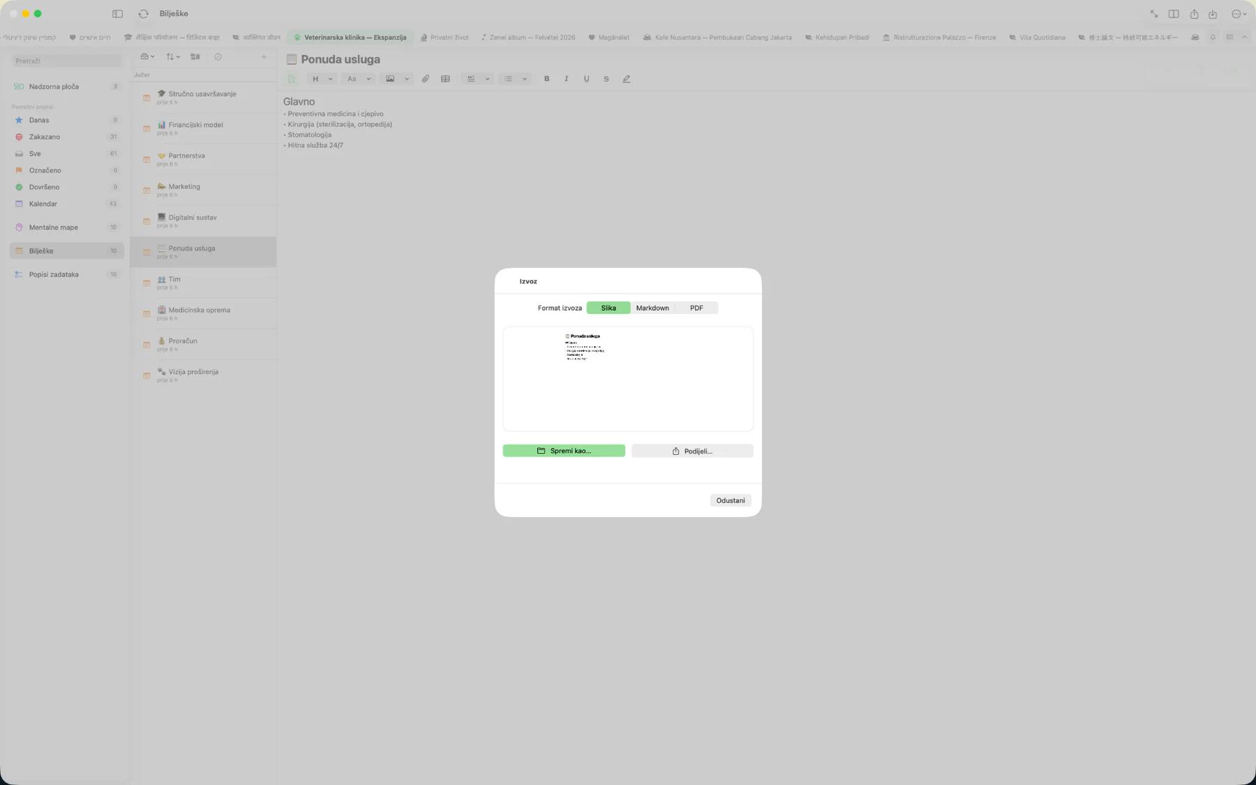 Mintofu dijaloški okvir izvoza prikazuje opcije formata PDF, Markdown, slika i iCalendar
