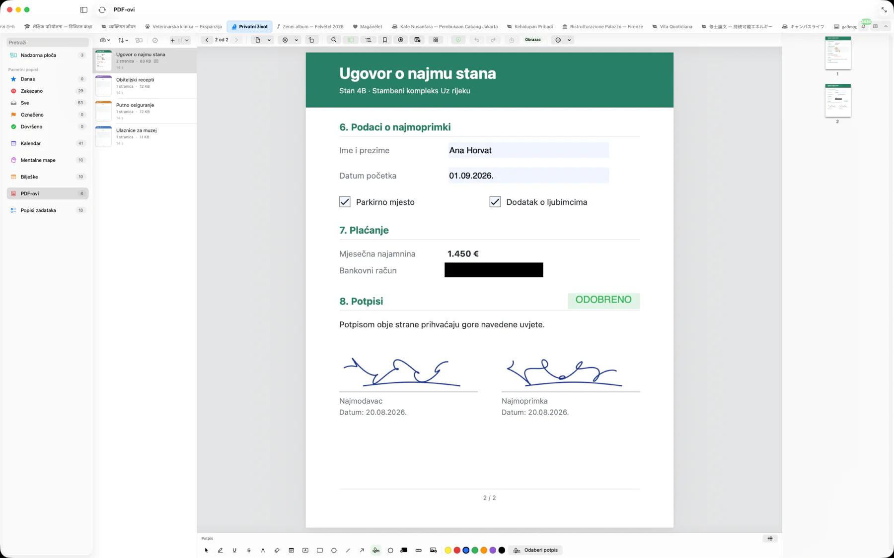 Mintofu na Macu prikazuje ispunjeni PDF obrazac s označenim kvadratićima, zacrnjenim bankovnim računom, pečatom Odobreno i dva potpisa
