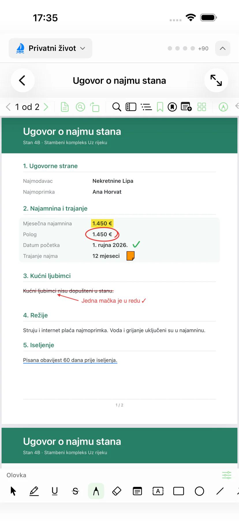 Mintofu na iPhoneu prikazuje označeni PDF s alatnom trakom za označavanje
