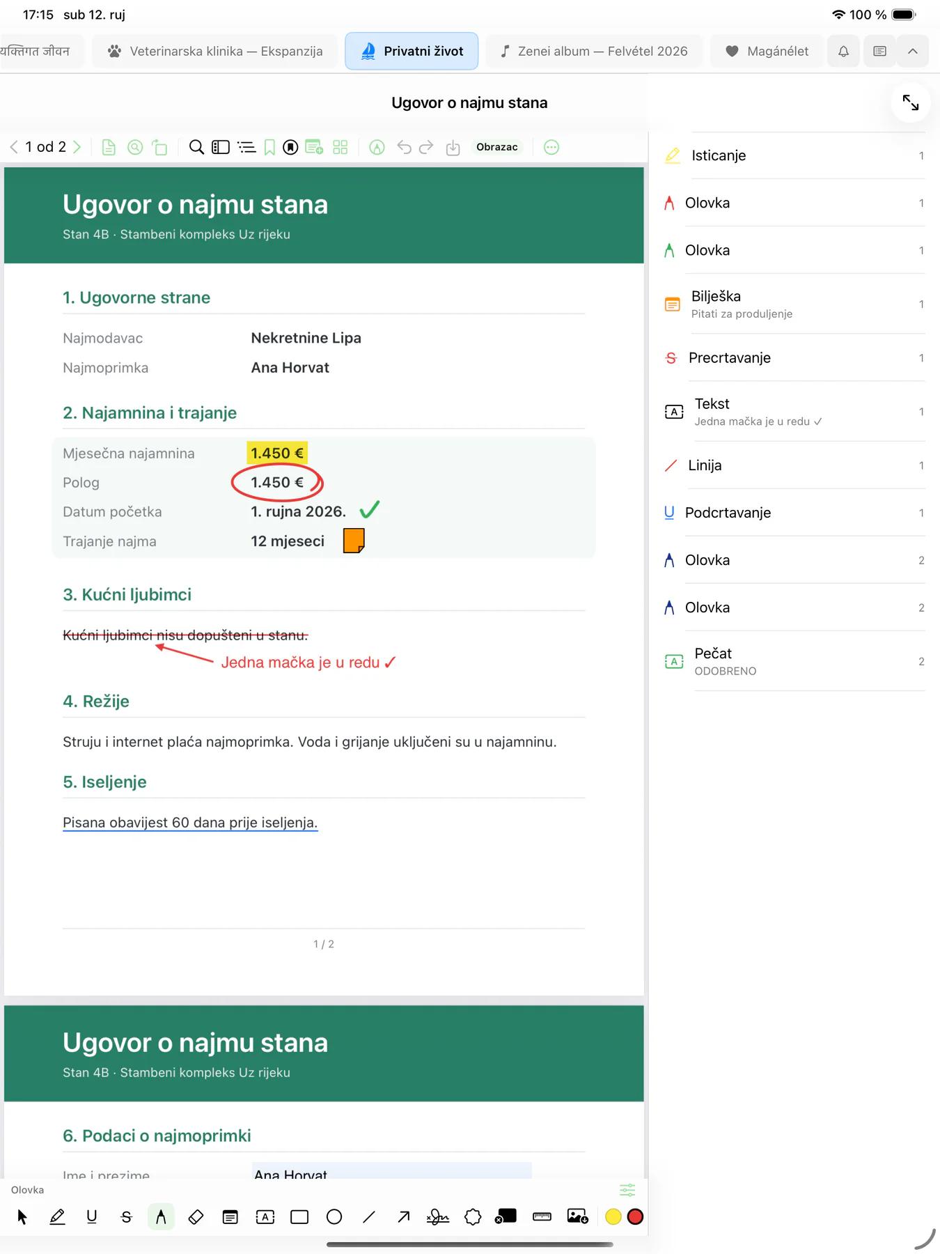 Mintofu na iPadu prikazuje PDF ugovora o najmu označen isticanjem, zaokruženim iznosom, precrtavanjem s bilješkom olovkom i ljepljivom bilješkom, s popisom oznaka pokraj