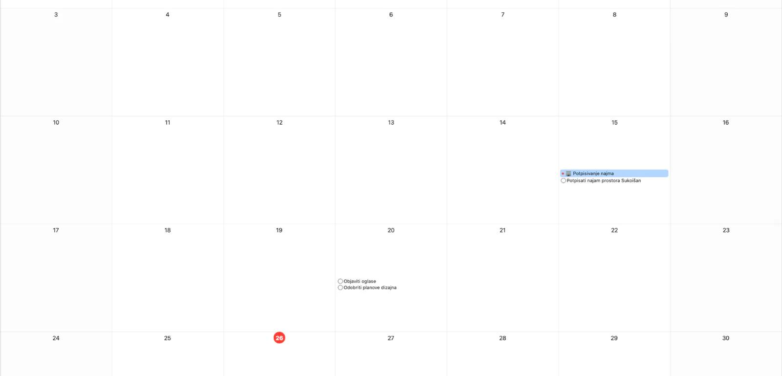 Mintofu kalendar s mjesečnim pregledom i indikatorima događaja