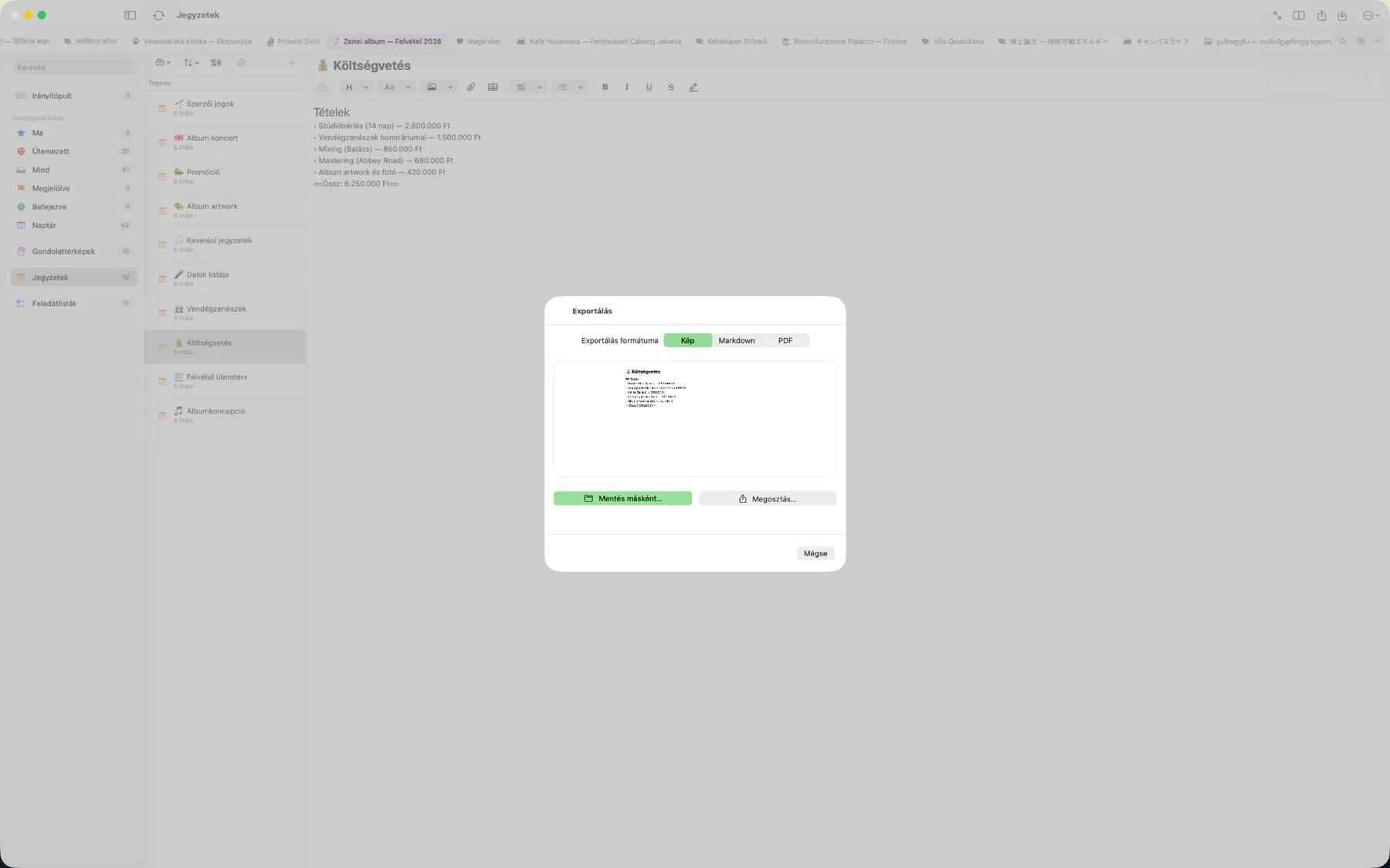 Mintofu exportálási párbeszédablak PDF, Markdown, kép és iCalendar formátumopciókkal