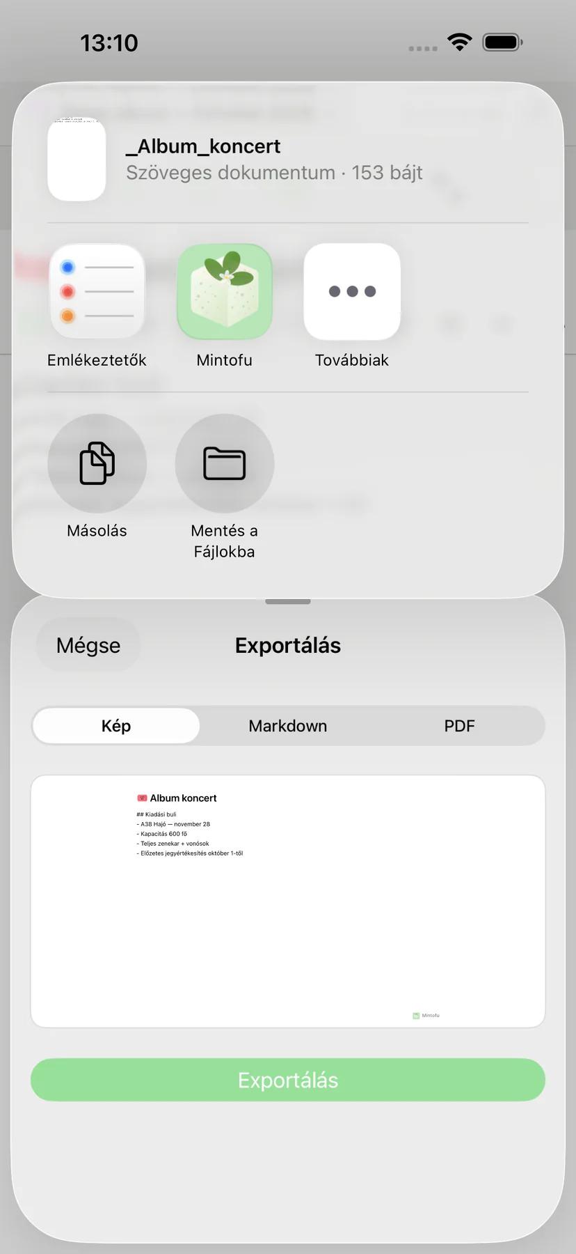 Mintofu megosztási lap AirDrop, e-mail és Messages megosztási opciókkal