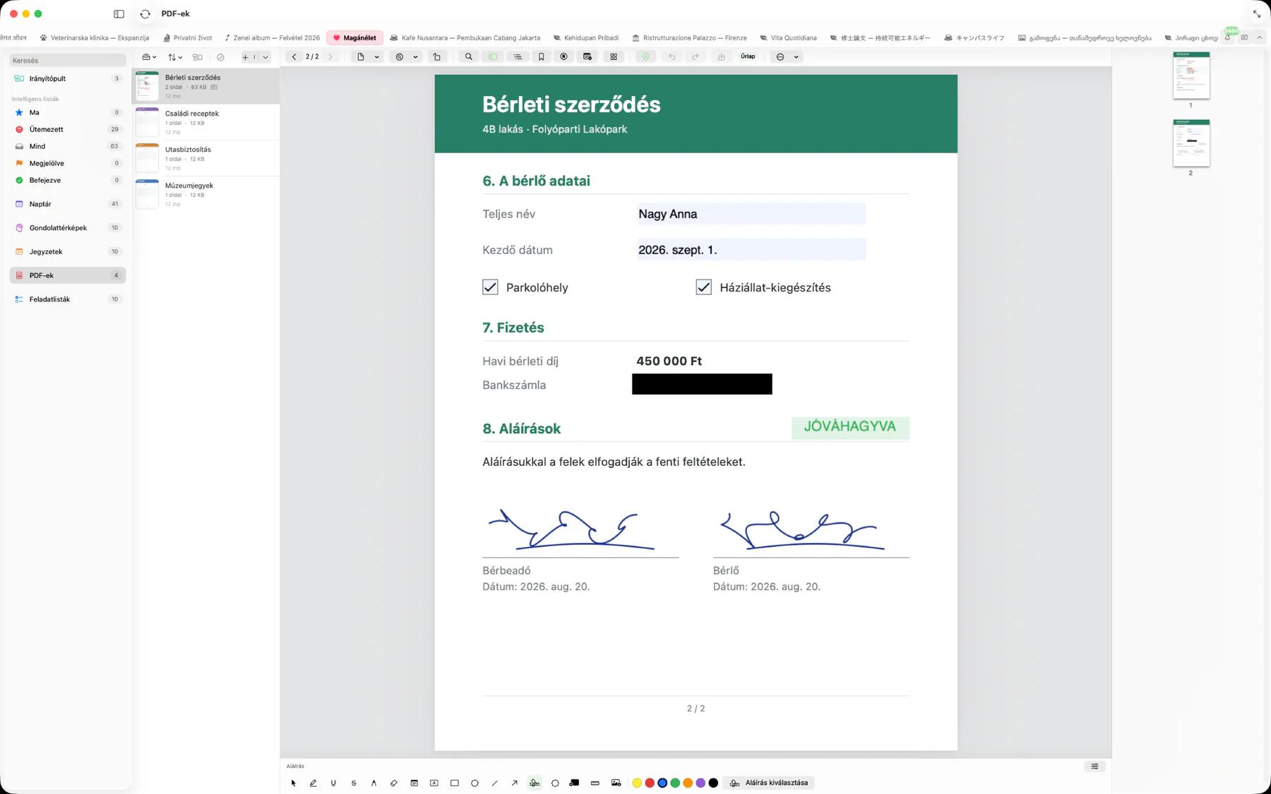 A Mintofu Macen egy kitöltött PDF-űrlappal, bejelölt négyzetekkel, kitakart bankszámlaszámmal, Jóváhagyva bélyegzővel és két aláírással