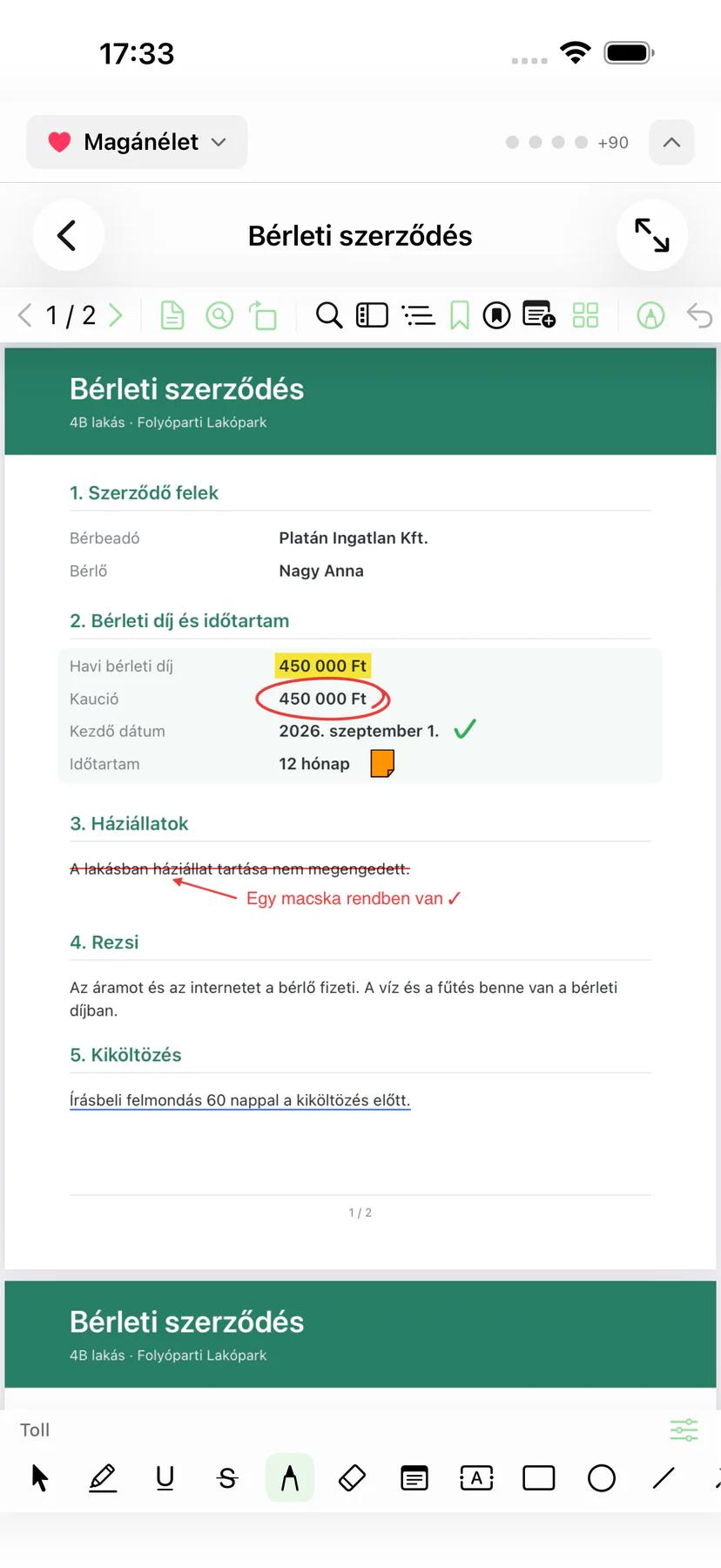 A Mintofu iPhone-on egy megjelölt PDF-fel és a jelölési eszköztárral