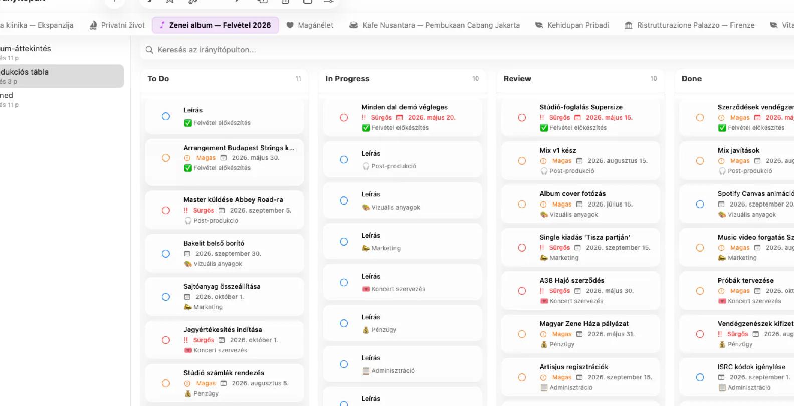 Mintofu műszerfal kanban táblával és widgetekkel