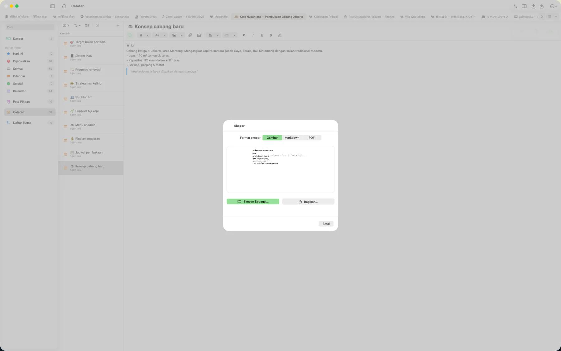 Dialog ekspor Mintofu menampilkan opsi format PDF, Markdown, Gambar, dan iCalendar