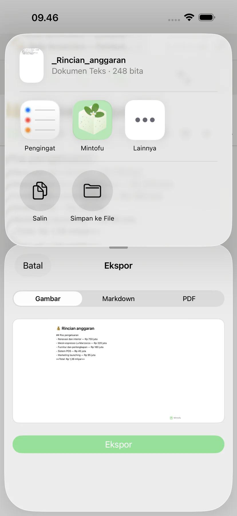 Share sheet Mintofu dengan opsi berbagi AirDrop, email, dan Messages