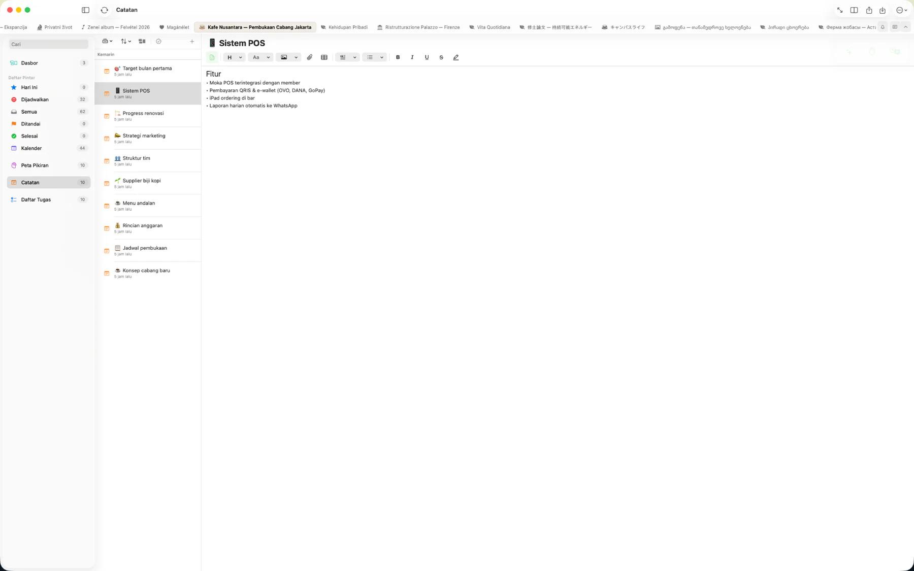 Editor catatan Mintofu menampilkan format teks kaya dengan judul, tebal, dan sorotan warna