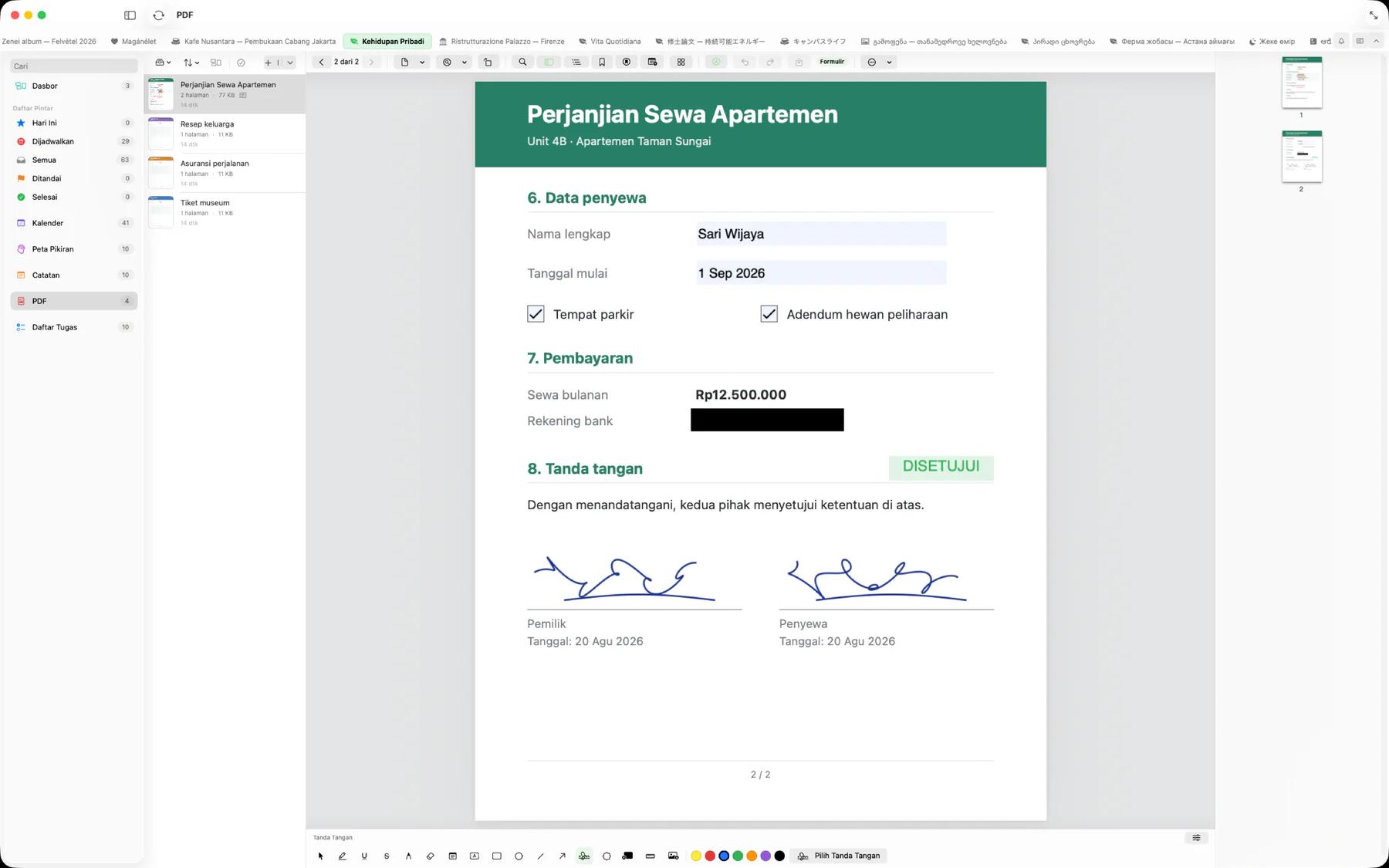 Mintofu di Mac menampilkan formulir PDF yang sudah diisi dengan kotak tercentang, rekening bank yang disensor, stempel Disetujui, dan dua tanda tangan