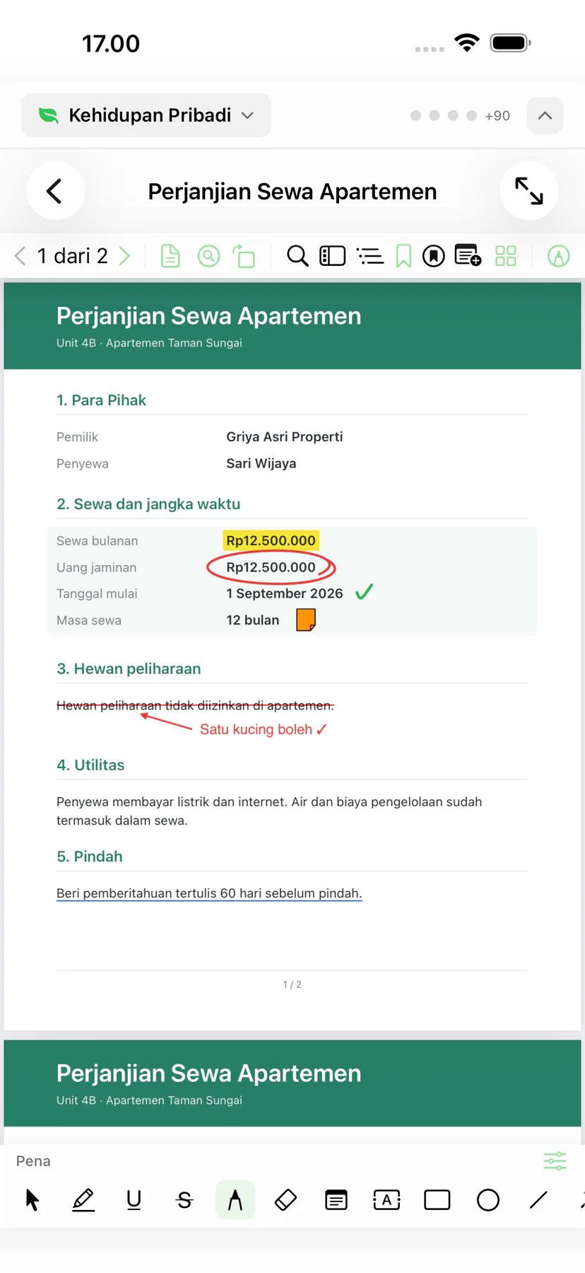 Mintofu di iPhone menampilkan PDF yang sudah ditandai dengan bilah alat anotasi