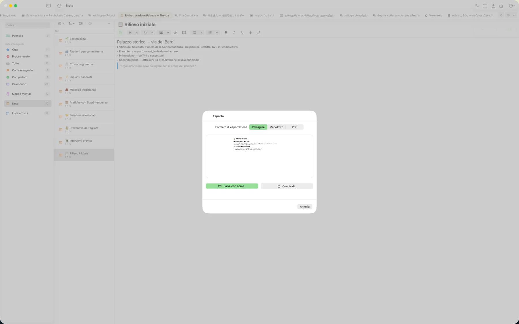 Finestra di esportazione Mintofu che mostra le opzioni di formato PDF, Markdown, immagine e iCalendar