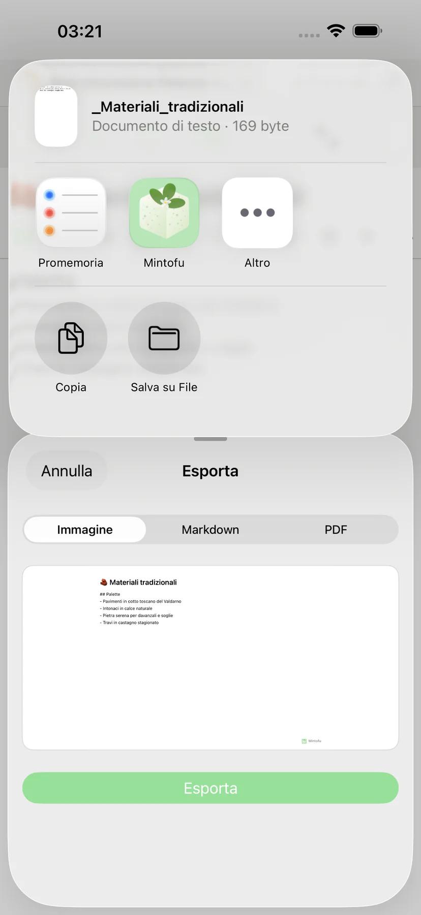 Foglio di condivisione Mintofu con opzioni AirDrop, email e Messaggi