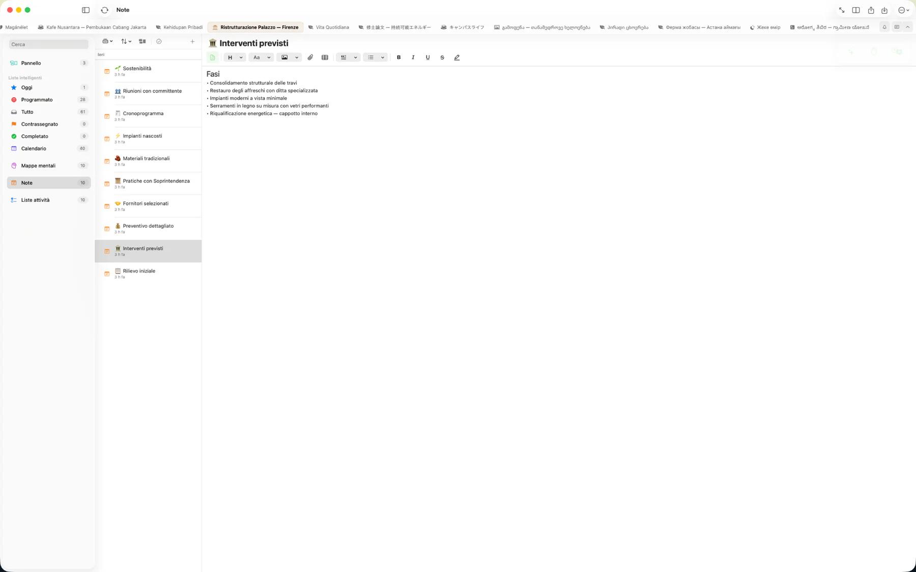 Editor di note Mintofu che mostra formattazione testo ricca con titoli, grassetto ed evidenziazioni colorate