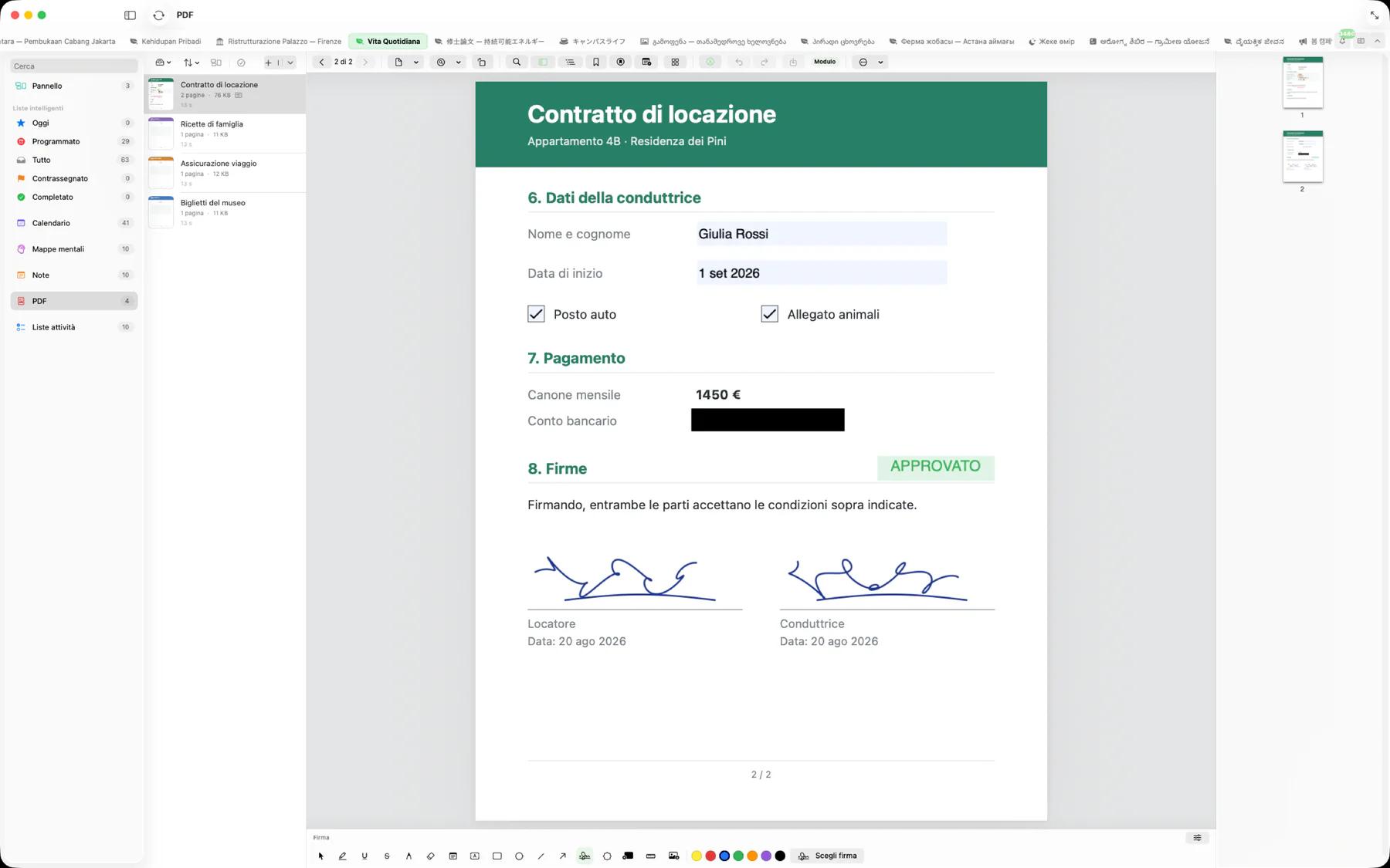 Mintofu su Mac con un modulo PDF compilato con caselle spuntate, un conto bancario oscurato, un timbro Approvato e due firme