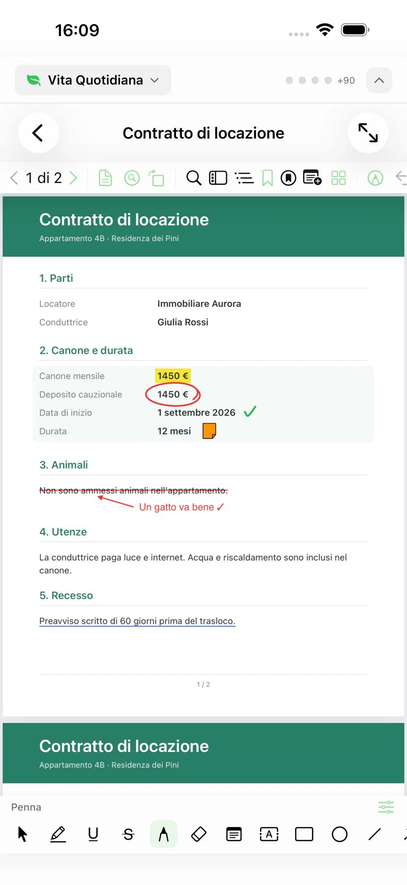 Mintofu su iPhone con un PDF annotato e la barra degli strumenti di annotazione