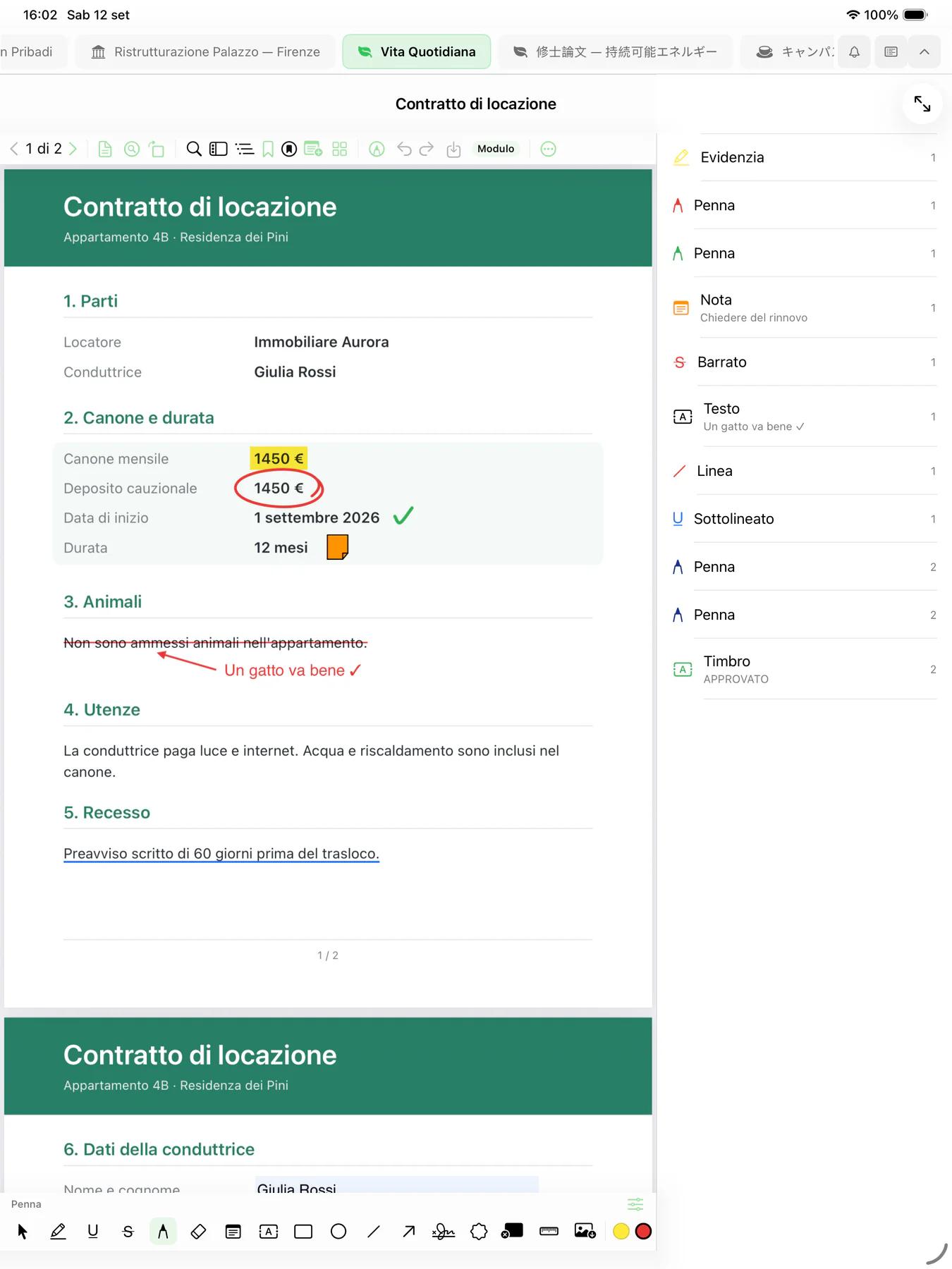 Mintofu su iPad con il PDF di un contratto d'affitto annotato con un'evidenziazione, un importo cerchiato, un testo barrato con una nota a penna e una nota adesiva, con l'elenco delle annotazioni accanto