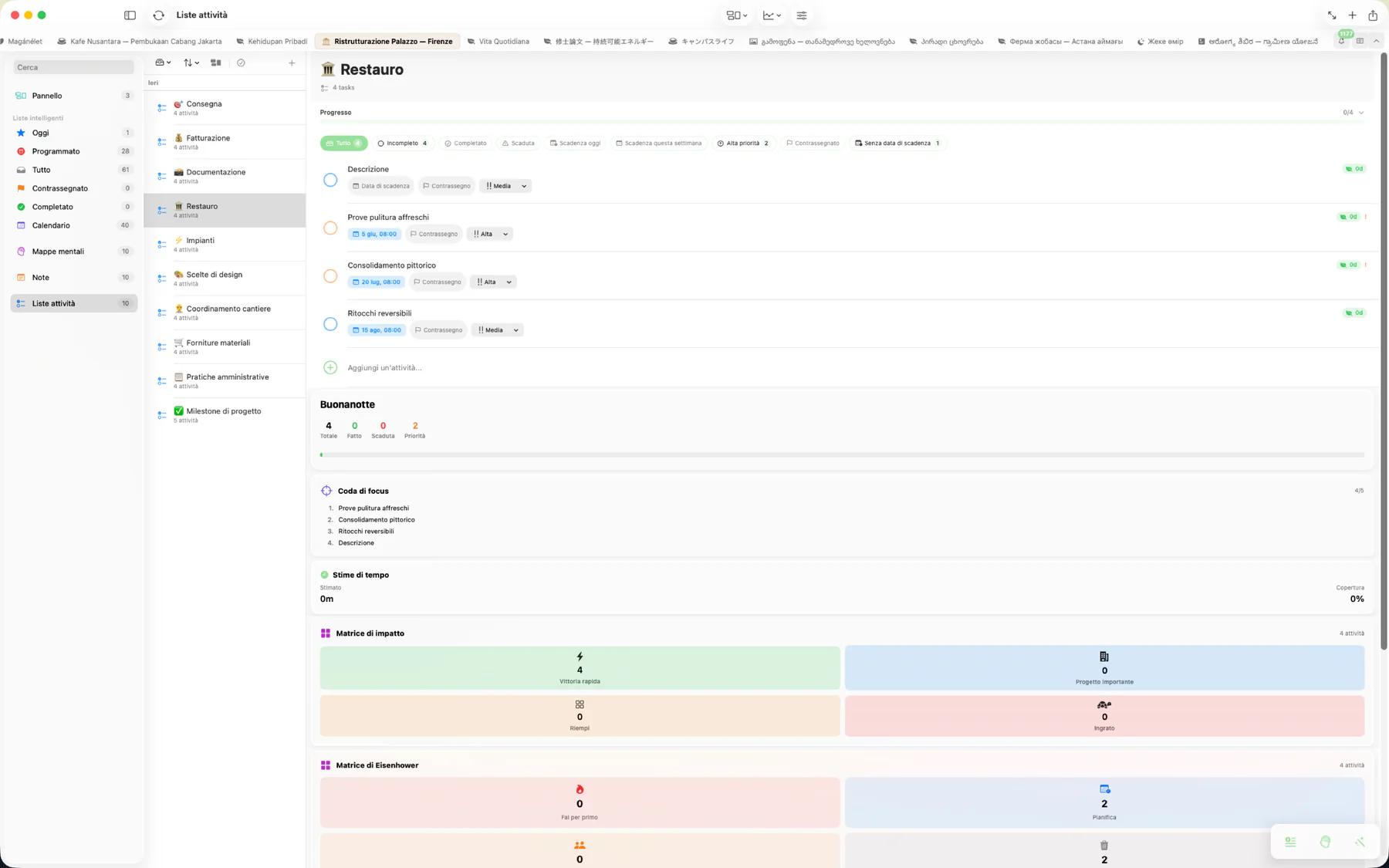 Vista di dettaglio attività di Mintofu che mostra priorità, scadenza, sotto-attività e timer