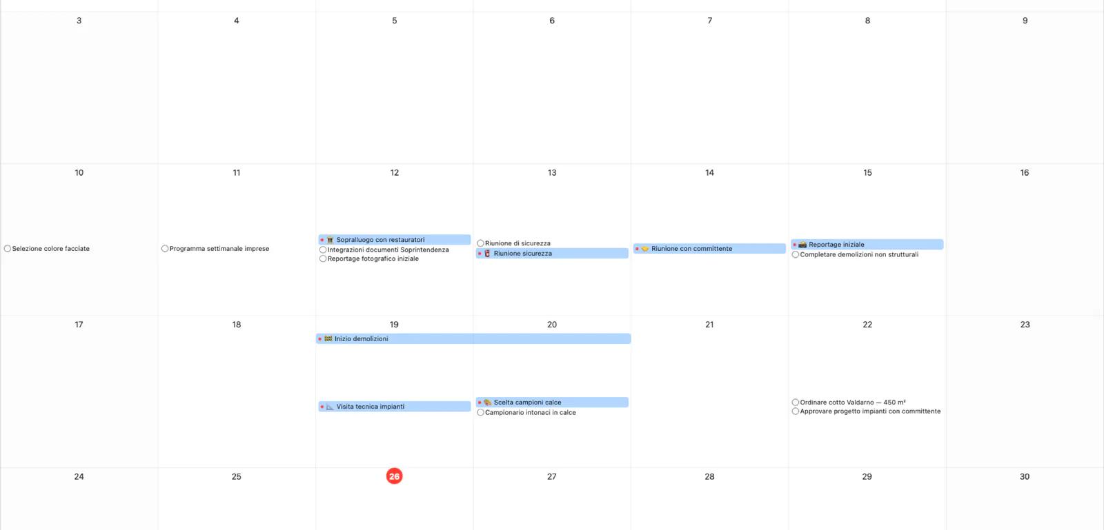 Calendario Mintofu in vista mensile con indicatori di eventi
