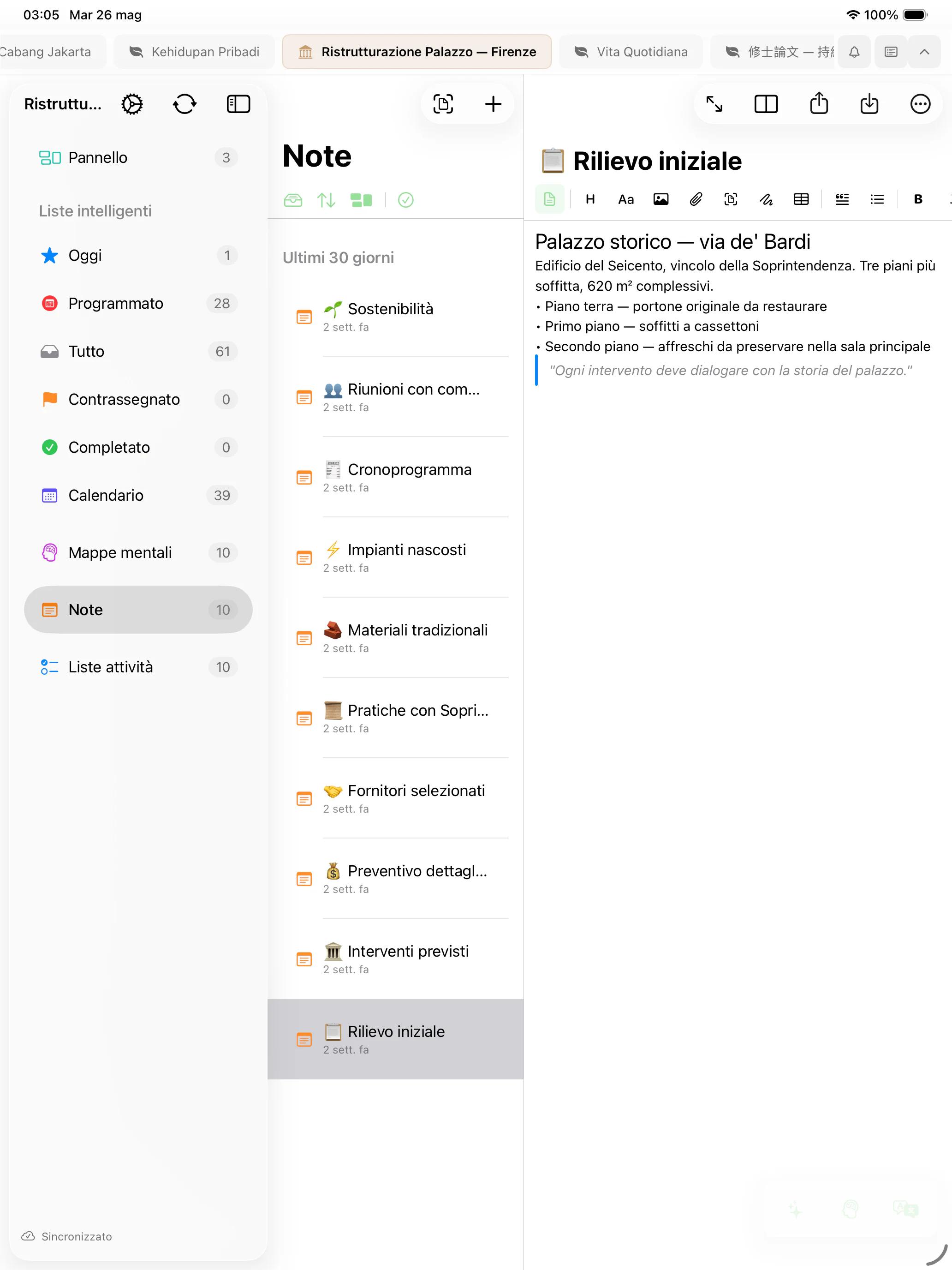 Mintofu su Mac, iPad e iPhone — mostra l'editor di note, il canvas delle mappe mentali e l'elenco delle attività con priorità