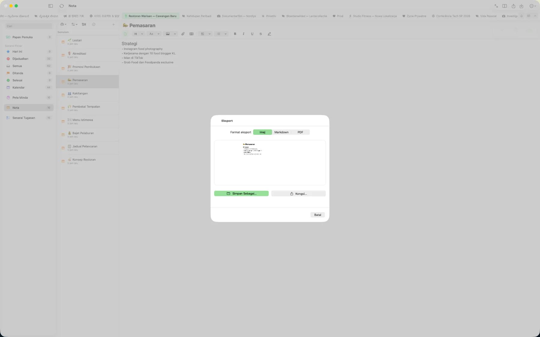 Dialog eksport Mintofu memaparkan pilihan format PDF, Markdown, Imej, dan iCalendar
