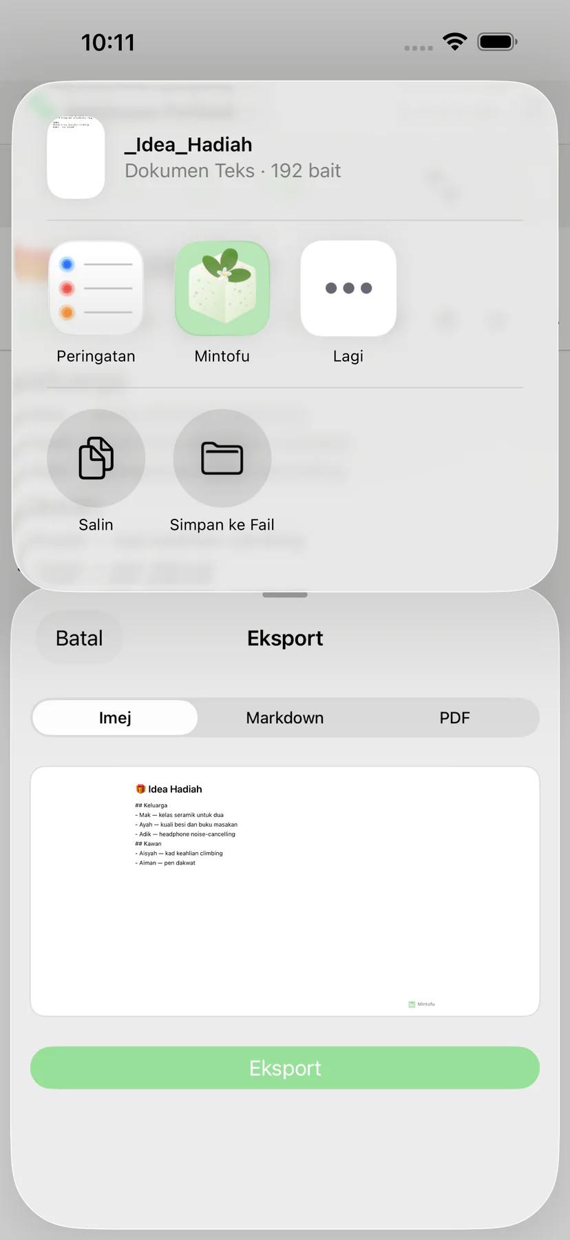 Helaian kongsi Mintofu dengan pilihan perkongsian AirDrop, e-mel, dan Messages
