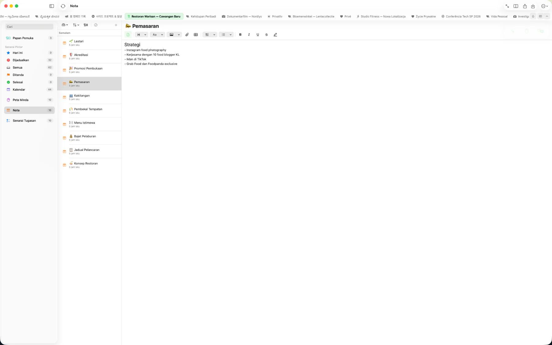 Editor nota Mintofu menunjukkan format teks kaya dengan tajuk, tebal, dan sorotan warna