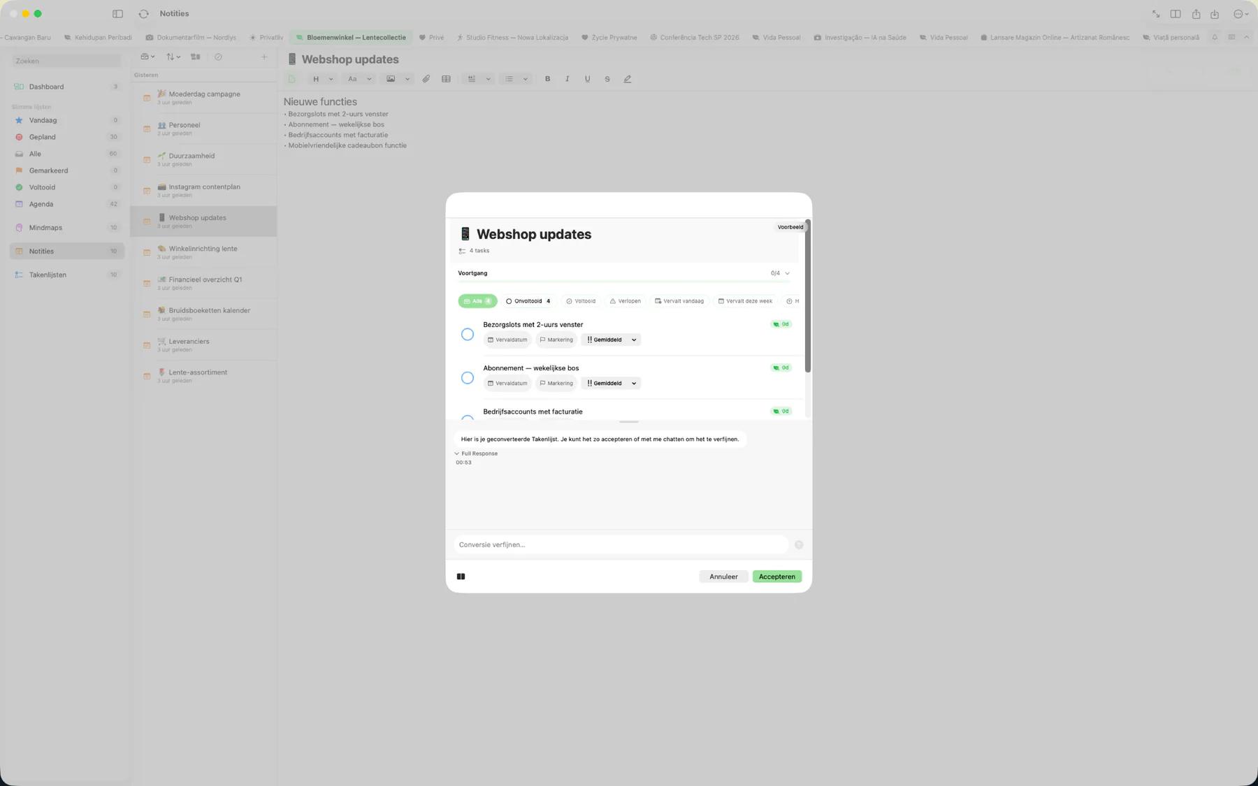 Mintofu zet een notitie om in een gestructureerde takenlijst