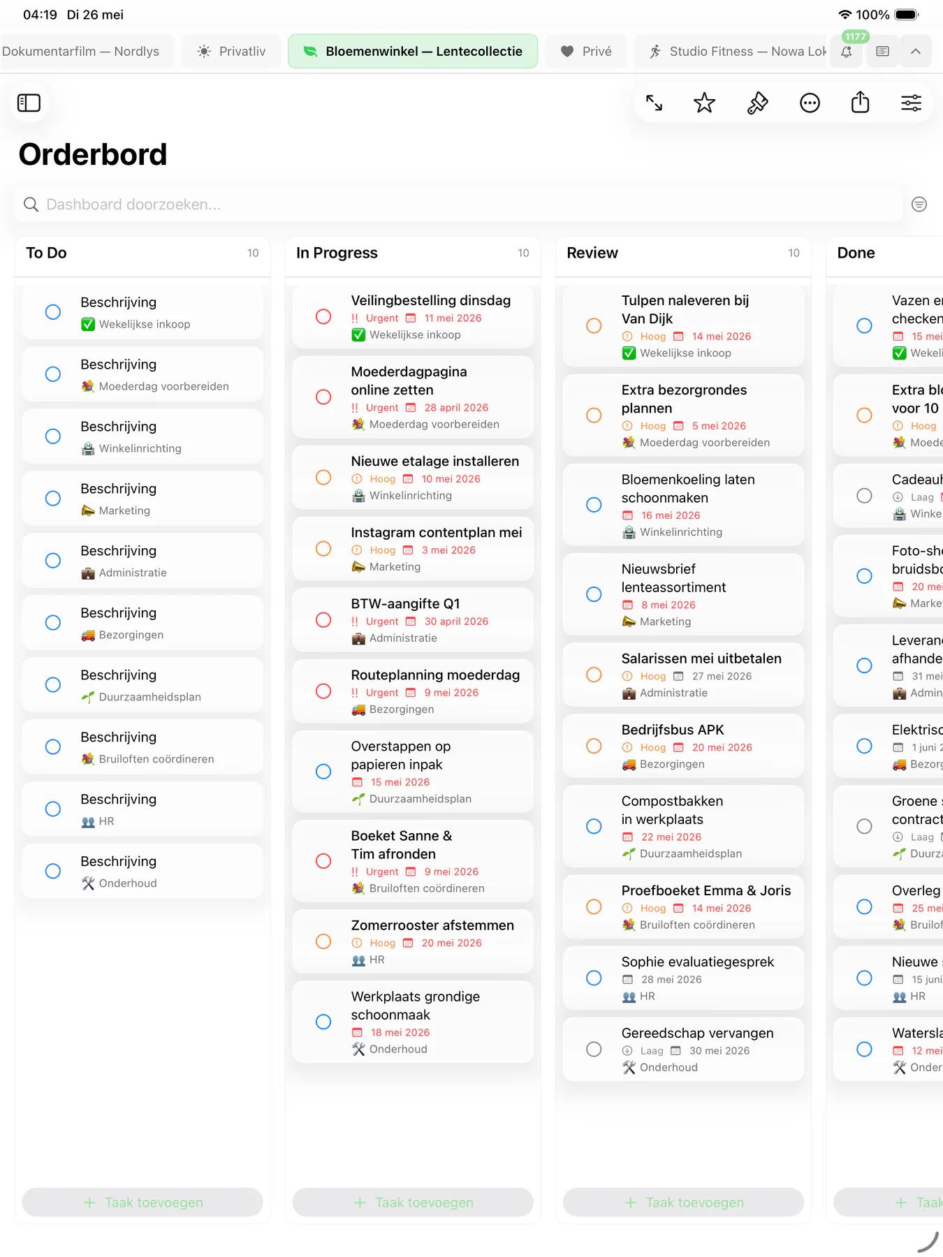 Mintofu kanban-bord met taakkaarten georganiseerd in workflowkolommen