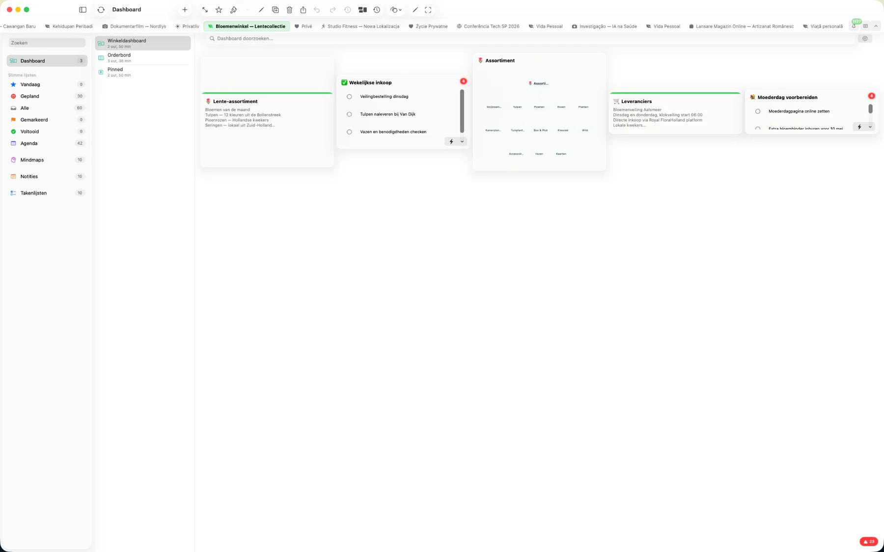 Mintofu dashboard-overzicht met aanpasbare notitie-, taak- en agendawidgets