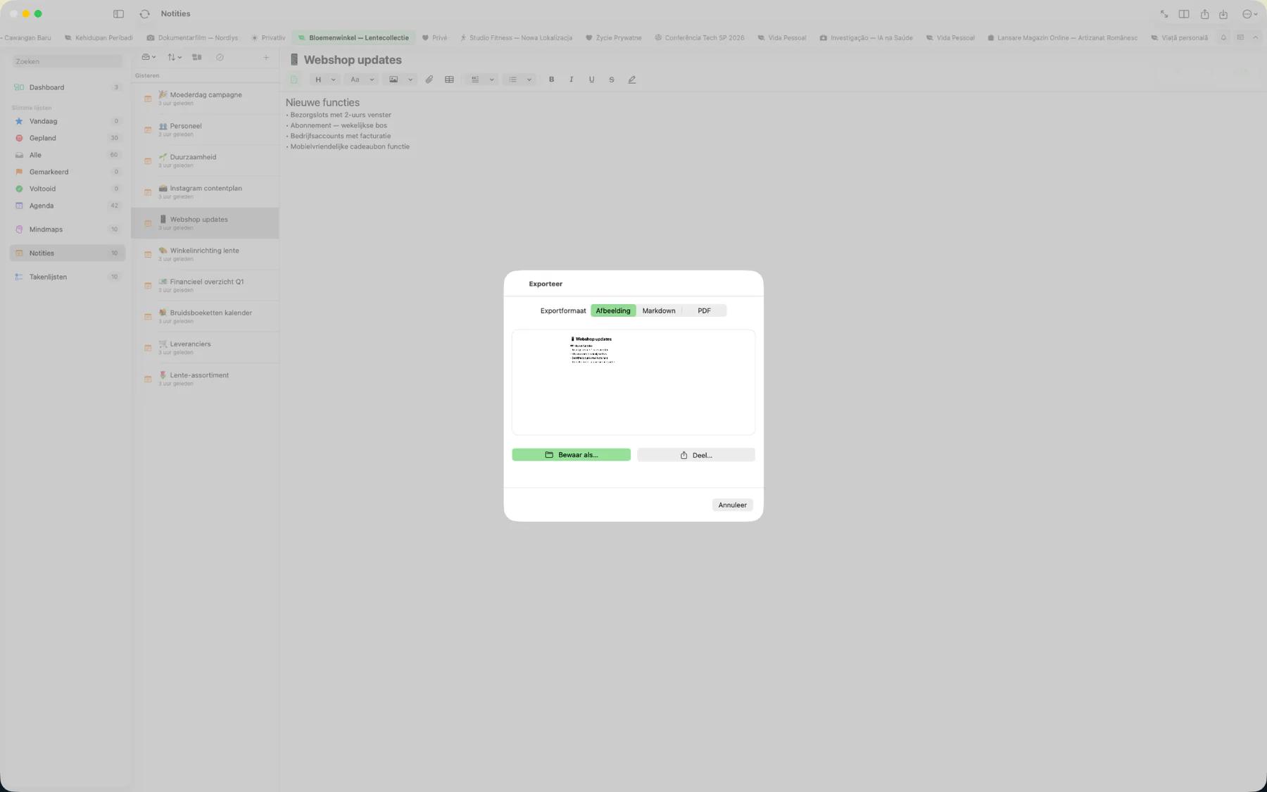 Mintofu exportdialoog met PDF-, Markdown-, Afbeelding- en iCalendar-formaatopties