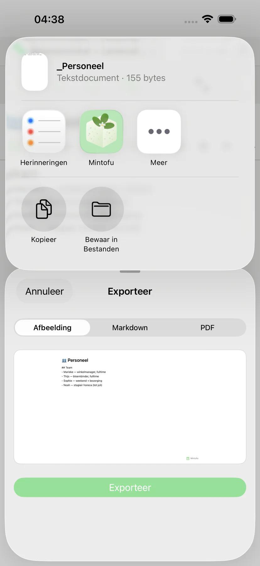 Mintofu deelmenu met AirDrop-, e-mail- en Berichten-deelopties