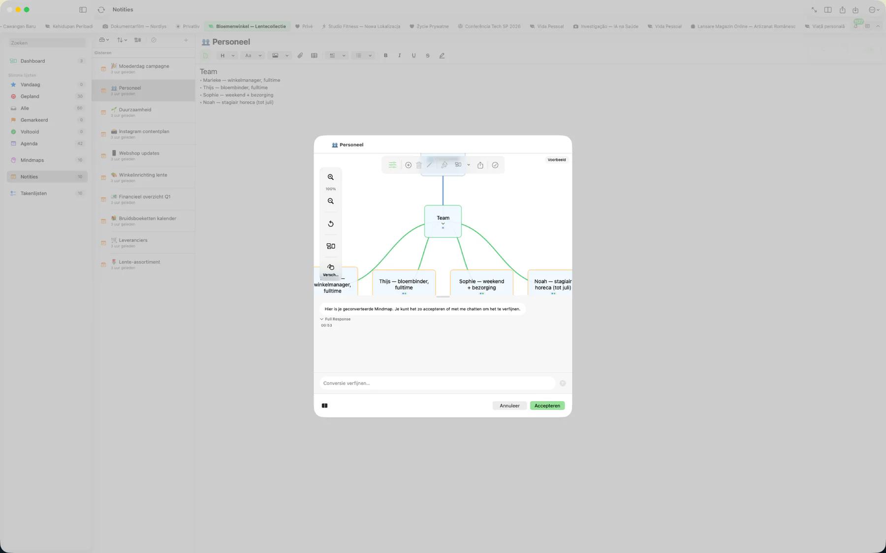 Mintofu die een mindmap naast elkaar omzet in een gestructureerde takenlijst