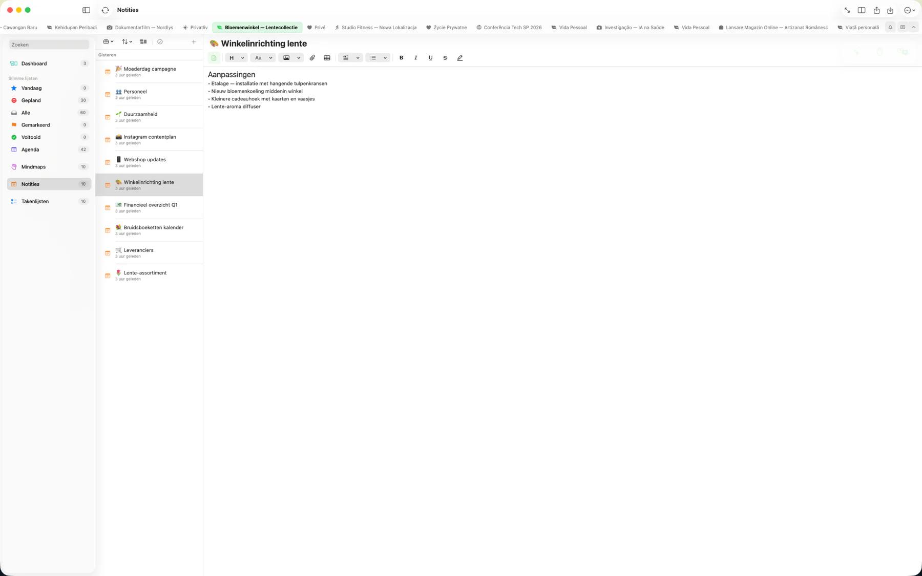 Mintofu-notitie-editor met rijke tekstopmaak met koppen, vet en kleurmarkeringen