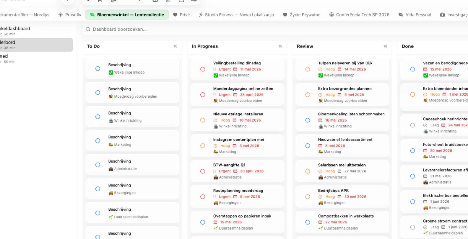 Mintofu dashboard met kanban-bord en widgets